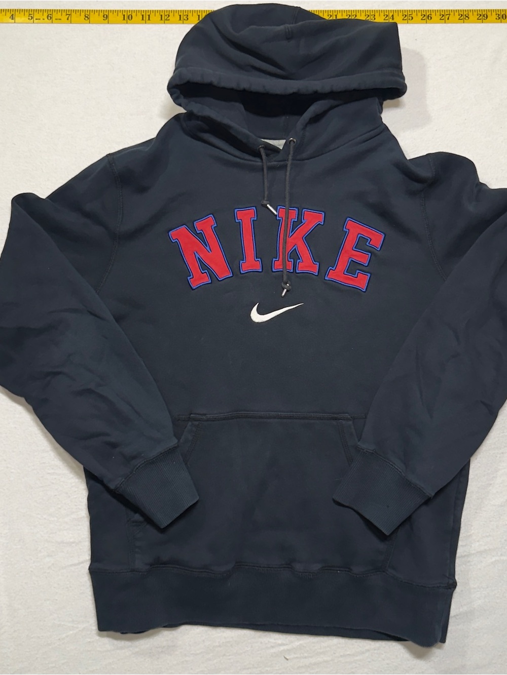 Nike Men's Navy Blue Pullover Hoodie with Red Logo vintage 90s Nike